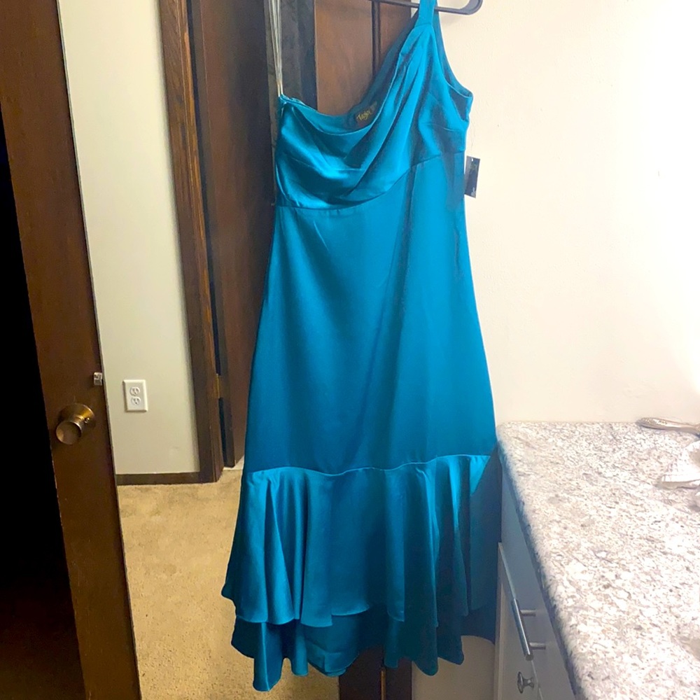 Teal midi one shoulder dress